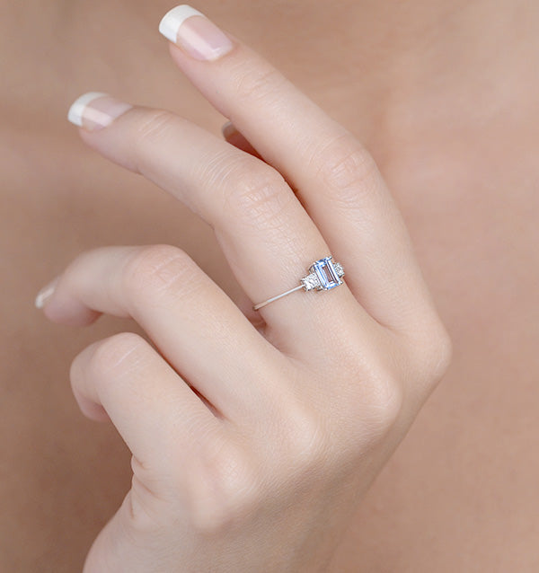 Blue Topaz 6 x 4mm And Diamond Ring 9K White Gold